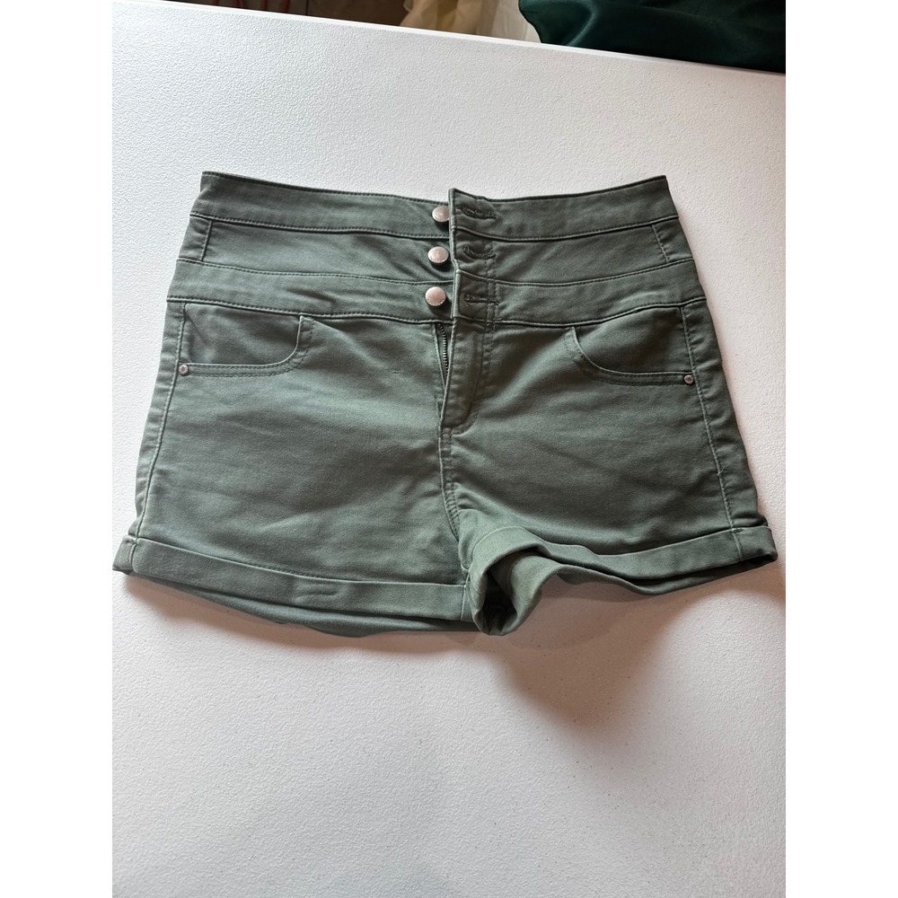 Tinseltown Denim Couture Olive Green High Waisted Three Button Shorts Womens 7